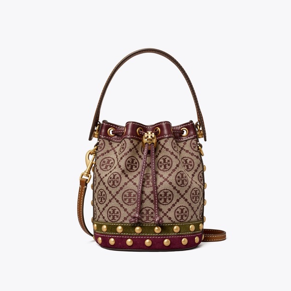 NWT Tory Burch T Monogram Jacquard Studded Mini Bucket Bag, Claret - Picture 1 of 9